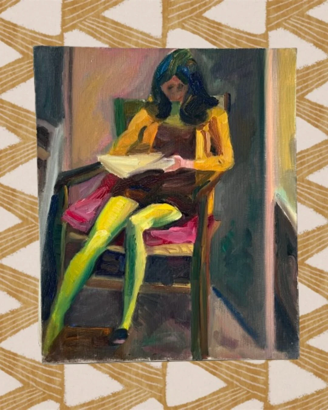 Huile sur toile repr&eacute;sentant une femme absorb&eacute;e dans sa lecture.

Palette vibrante et contrast&eacute;e, o&ugrave; les verts acides, les jaunes lumineux et les rouges profonds dialoguent dans une composition intime et expressive.

Un tr