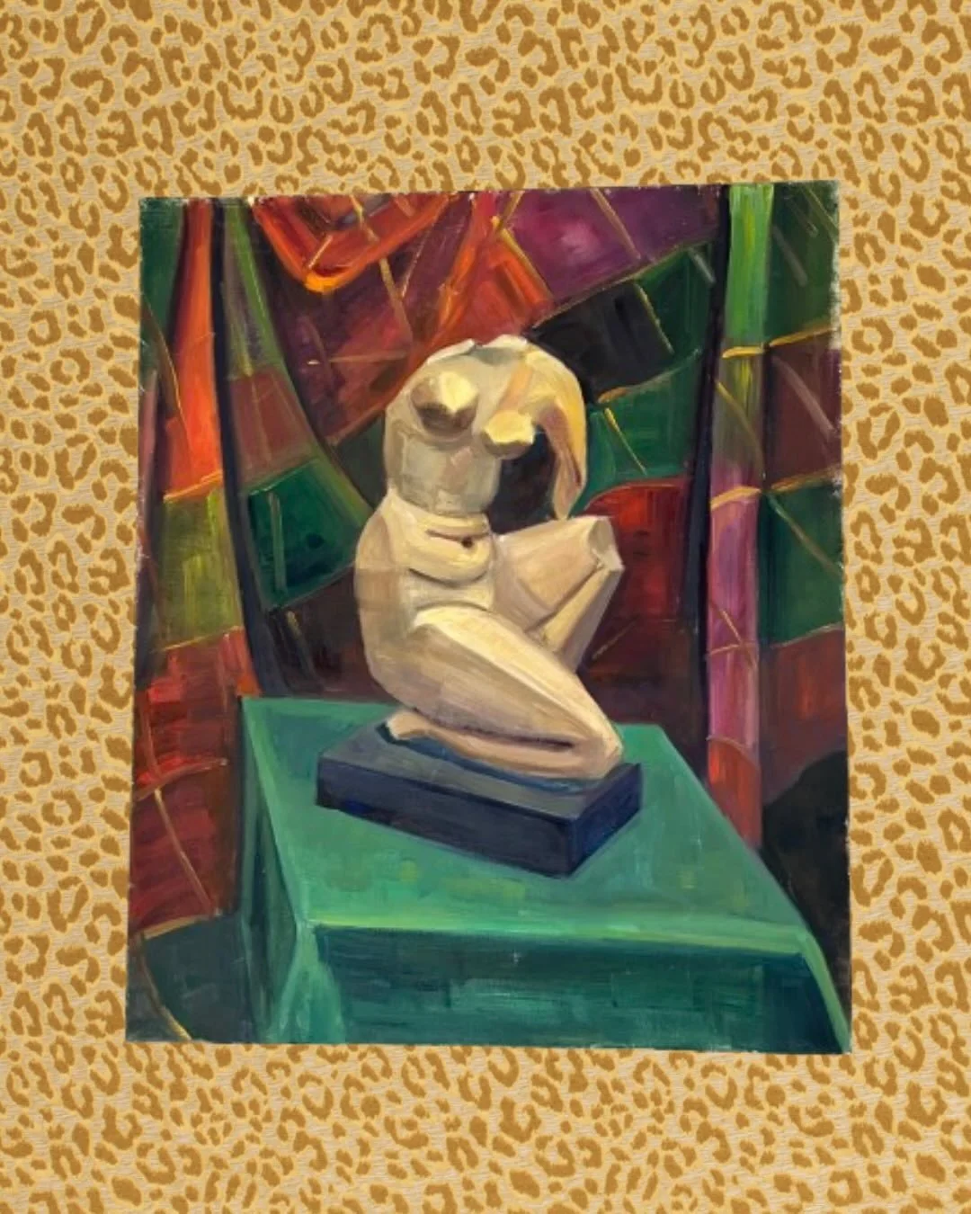 Huile sur toile repr&eacute;sentant une sculpture f&eacute;minine dans un int&eacute;rieur aux formes g&eacute;om&eacute;triques.

La composition fragment&eacute;e et les plans color&eacute;s &eacute;voquent un langage cubiste, structur&eacute; par d
