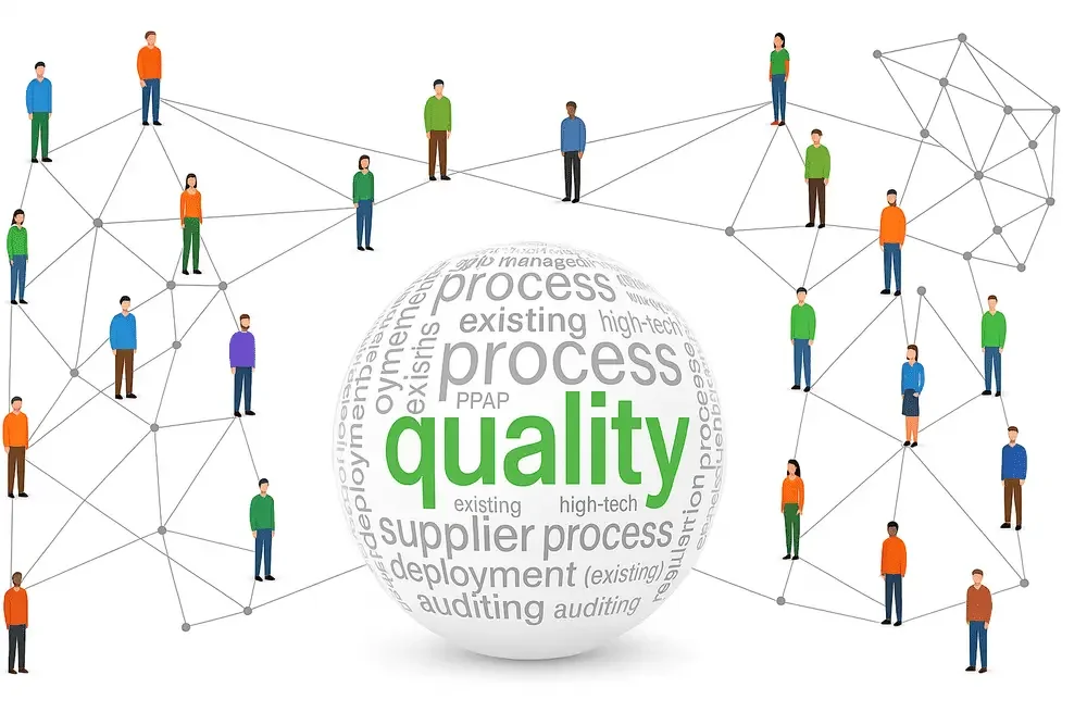 A graphic showing people connected to a sphere, with terms such as "quality," "process," "suppliers," "implementation," and "review" in English, symbolizing quality and process management.