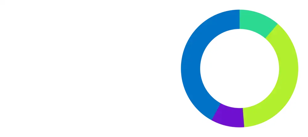 Ein farbiger Kreis-Diagramm mit verschiedenen Segmenten in Blau, Grün, Lila und Hellgrün.