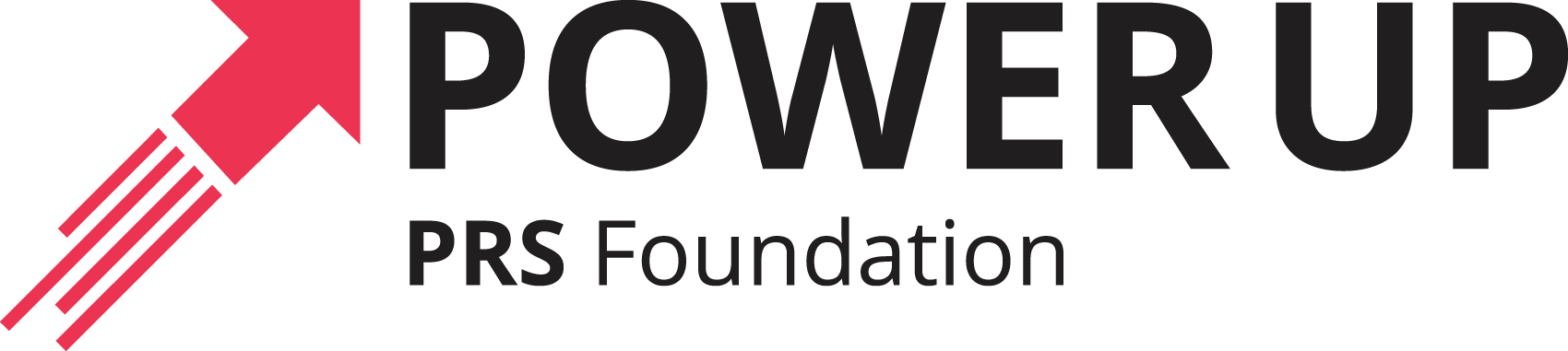 Logo for Power Up PRS Foundation, featuring a red arrow pointing upward with three diagonal lines underneath, next to the text 'POWER UP' in bold black letters and 'PRS Foundation' in smaller black letters below.