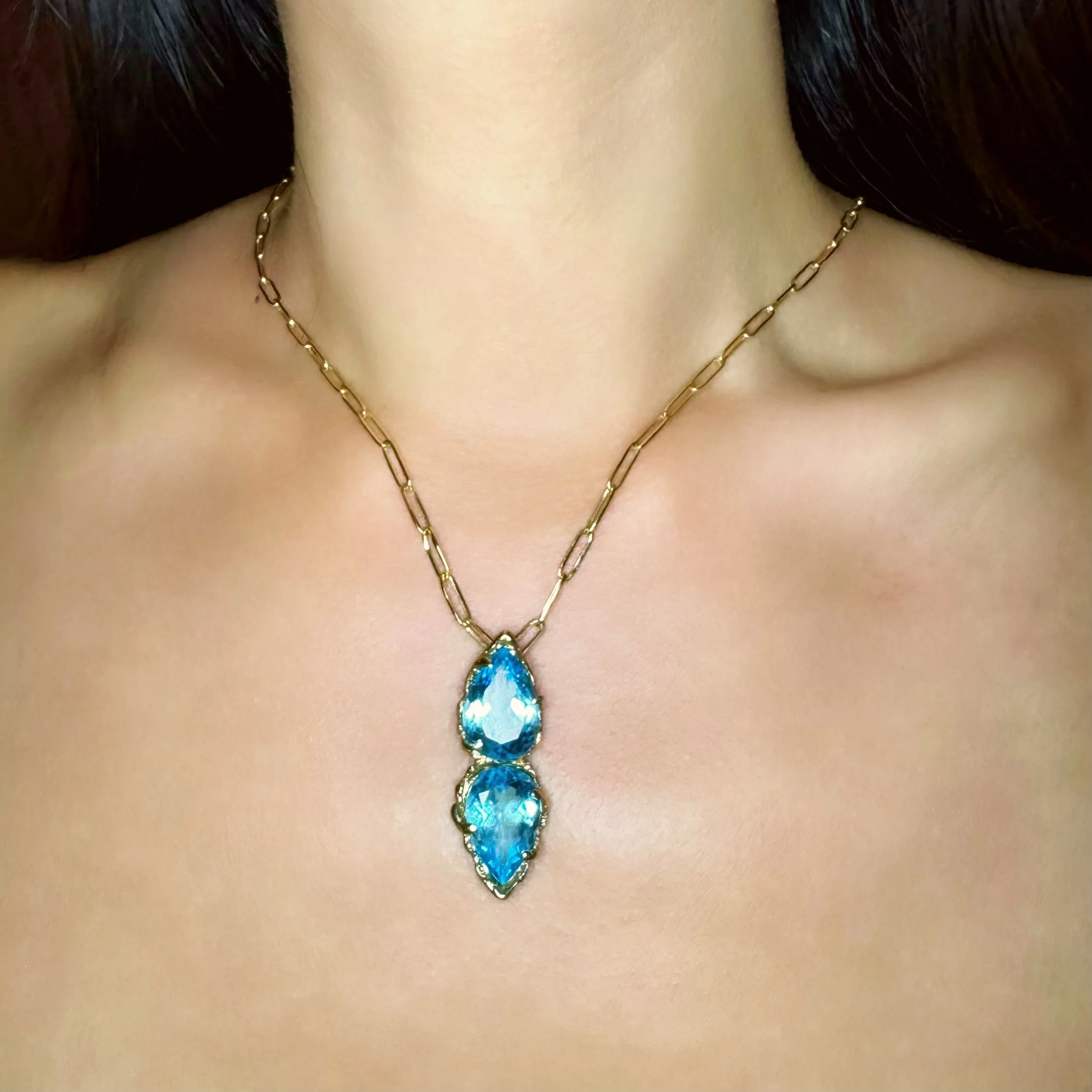 Sacred Flame Swiss Blue TOPAZ yellow gold necklace