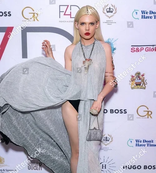 Skye Aurelia in statement Illumin Designs jewelry- large starburst quartz crystal necklace and clear quartz crystal cluster ring on the Fashion4Development F4D gala red carpet.