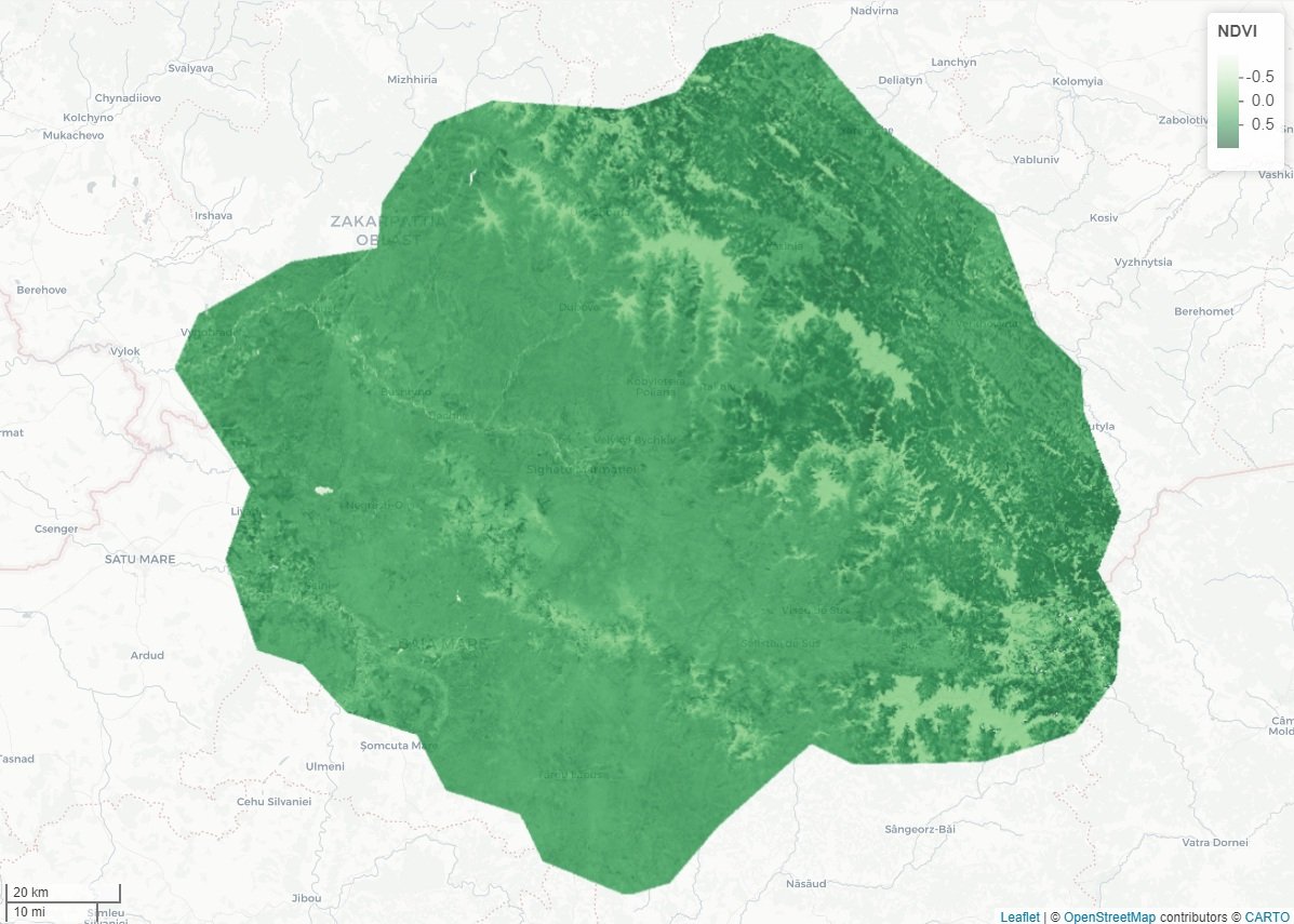 Map showing NDVI data over Eastern European region with green color indicating vegetation health.