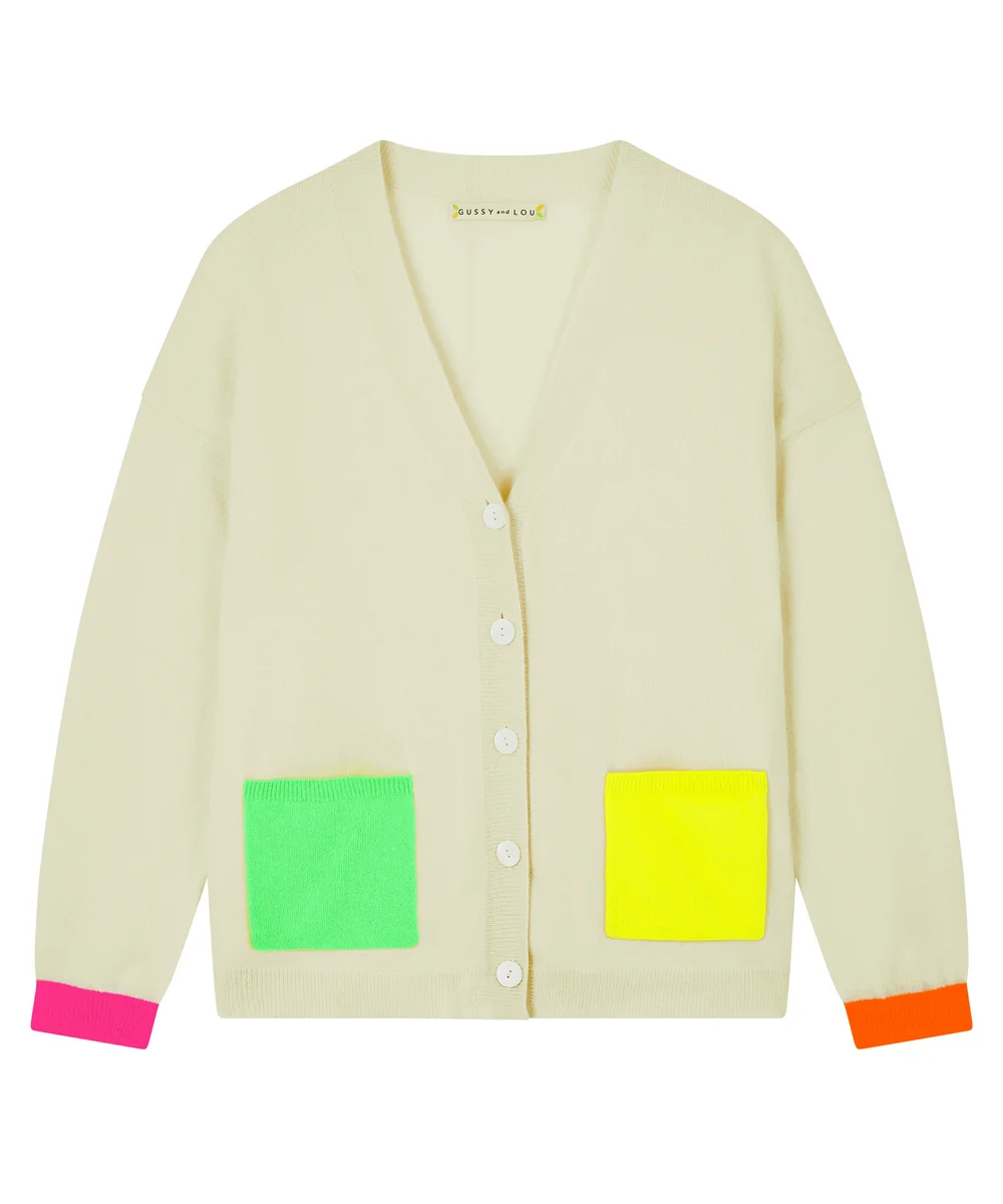 Ladies Cream with Multi Neon Cashmere Cardigan — Gussy and Lou USA