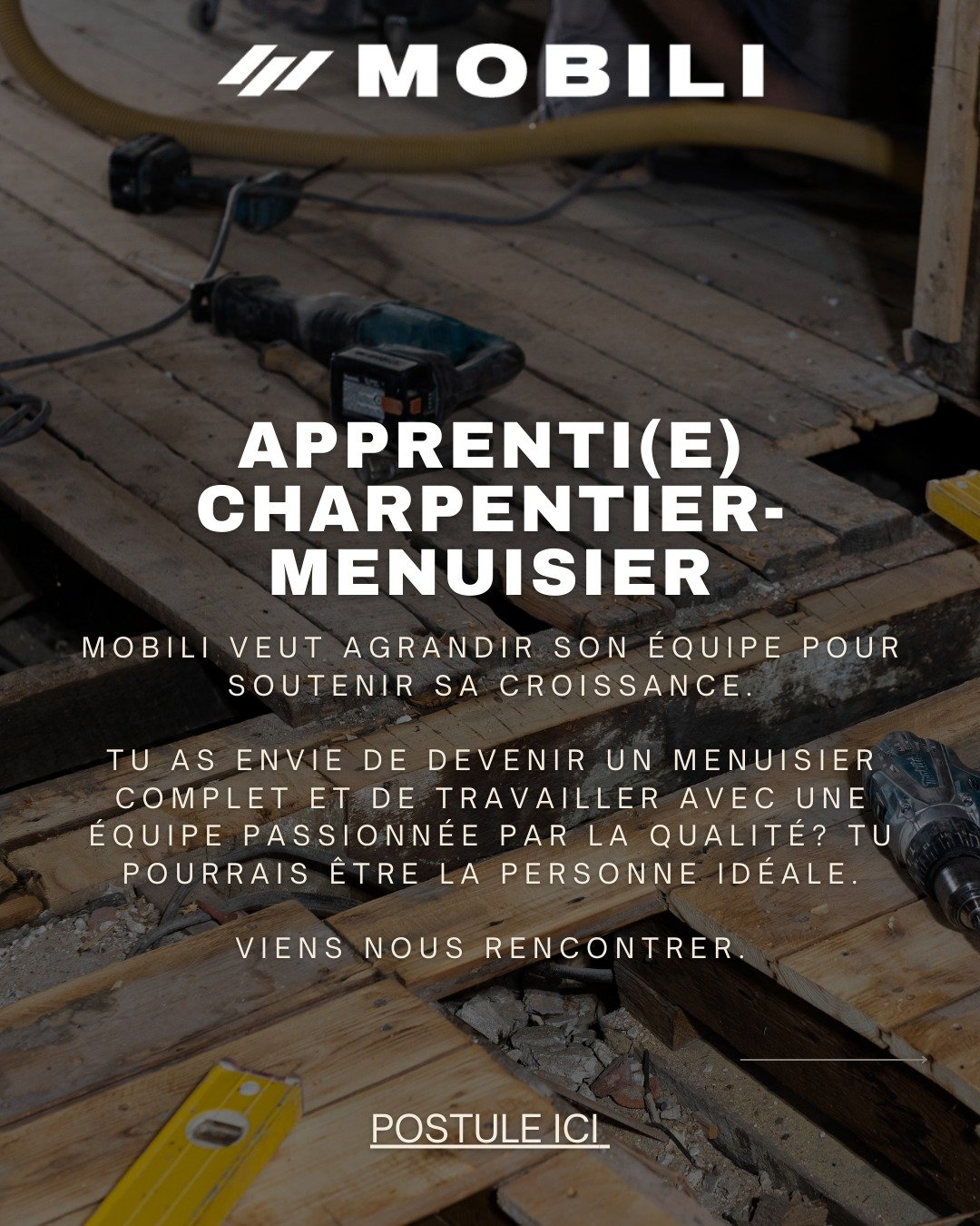 🛠 Mobili est &agrave; la recherche d&rsquo;un&middot;e apprenti(e) charpentier-menuisier ! 🛠

Tu es motiv&eacute;(e), manuel(le), d&eacute;brouillard(e) et d&eacute;sires apprendre un m&eacute;tier de pr&eacute;cision dans un contexte de r&eacute;n