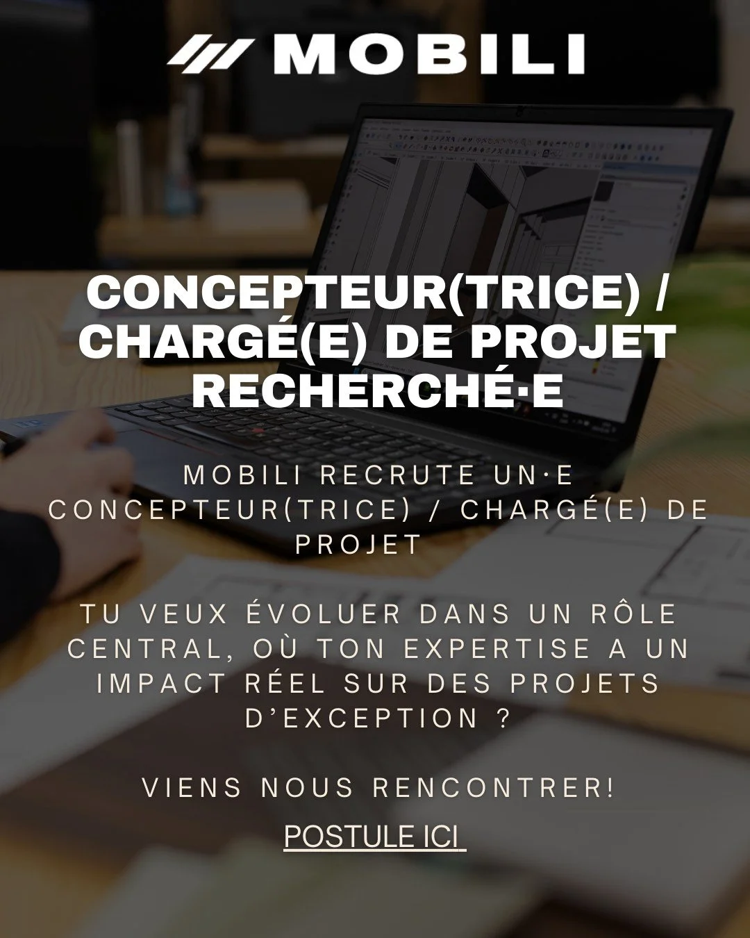 🛠 Mobili est &agrave; la recherche d&rsquo;un&middot;e CONCEPTEUR(TRICE) / CHARG&Eacute;(E) DE PROJET ! 🛠
Tu veux &eacute;voluer dans un r&ocirc;le central, o&ugrave; ton expertise a un impact r&eacute;el sur des projets d&rsquo;exception ?

Chez *