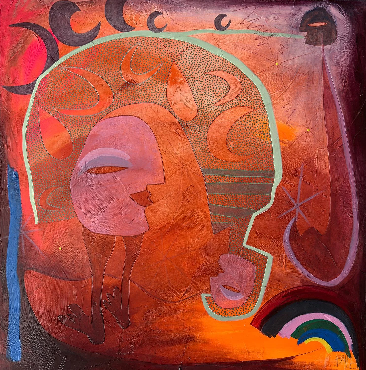 A Modern Painting mainly in red tones shows two androgynous heads looking at each other connected by a rainbow. It is a surreal and expressive artwork