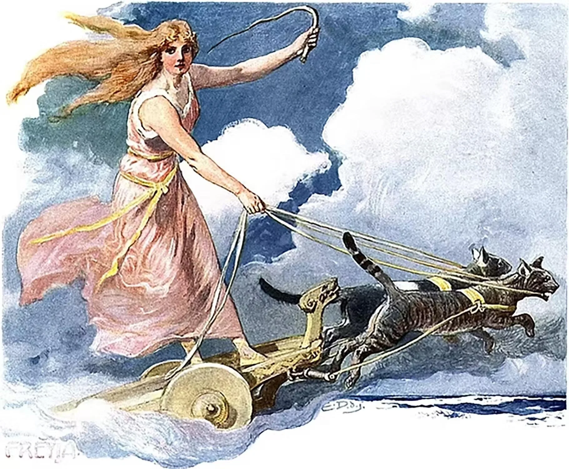 A Colour illustration of the Norse god Freyja riding her chariot pulled by cats through the sky