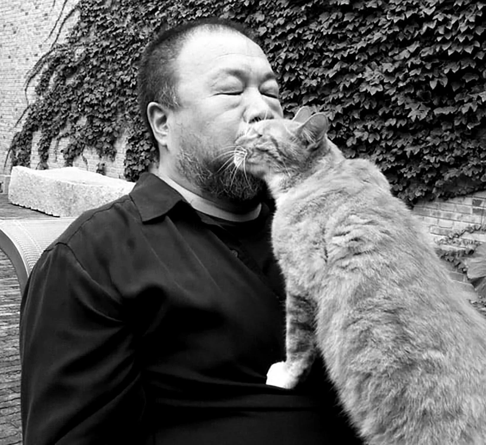 Black and white photo of Artist Ai WeiWei and one of his many cats