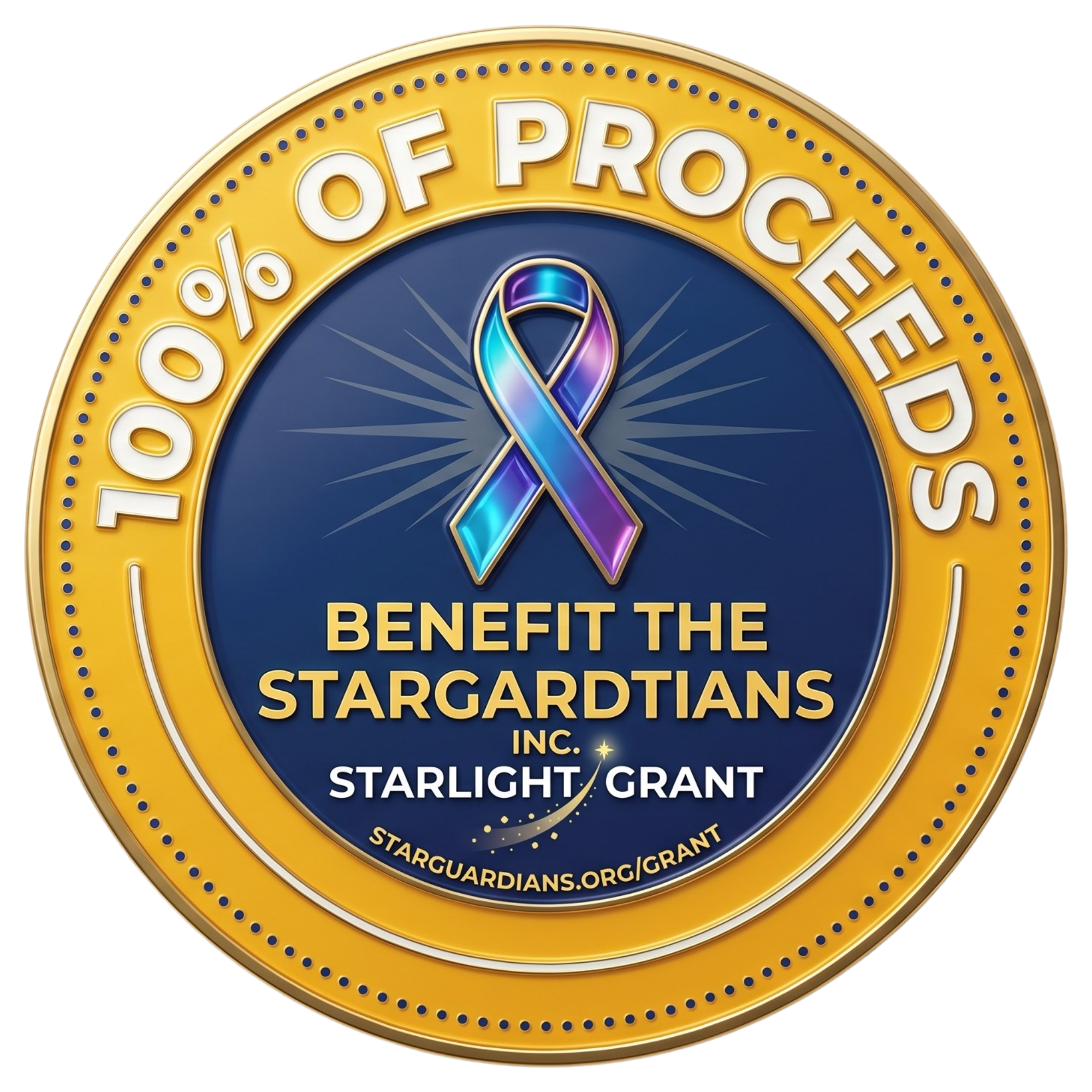 A gold and blue circular medal badge stating that 100% of proceeds benefit the Stargardtians Inc. Starlight Grant, featuring a blue and purple awareness ribbon and a shooting star graphic.