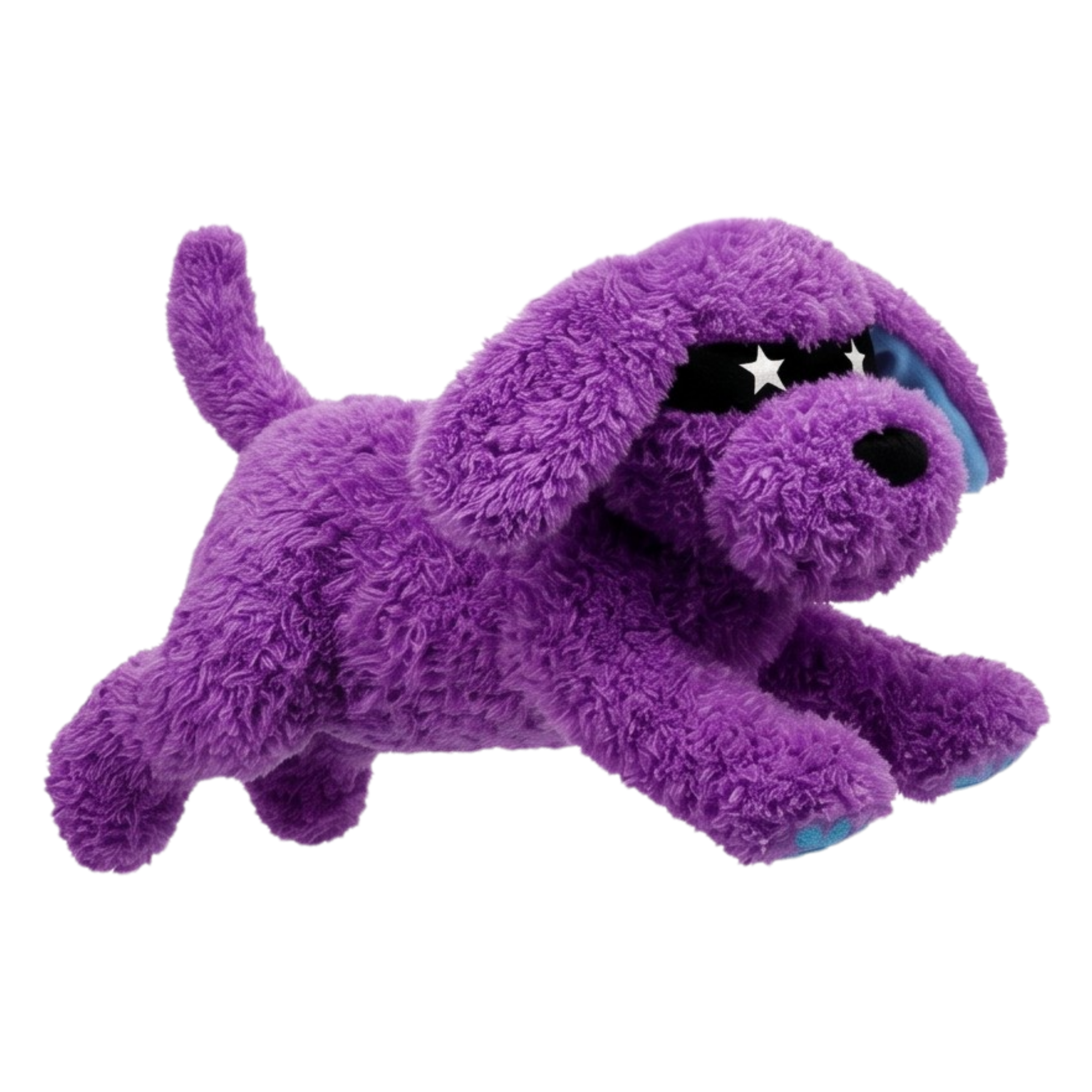A plush, bright purple toy dog in a flying or running pose, wearing a black superhero mask with white star-shaped eyes.