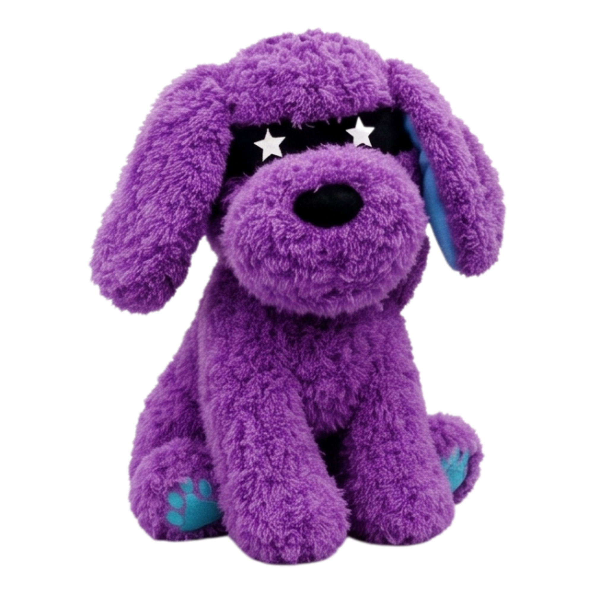 A plush, bright purple toy dog sitting and wearing a black superhero mask with white star-shaped eyes.