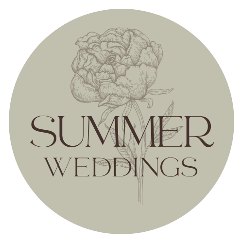 A circular logo with a hand-drawn peony flower and green leaves, featuring the text 'Summer Weddings' in elegant font.