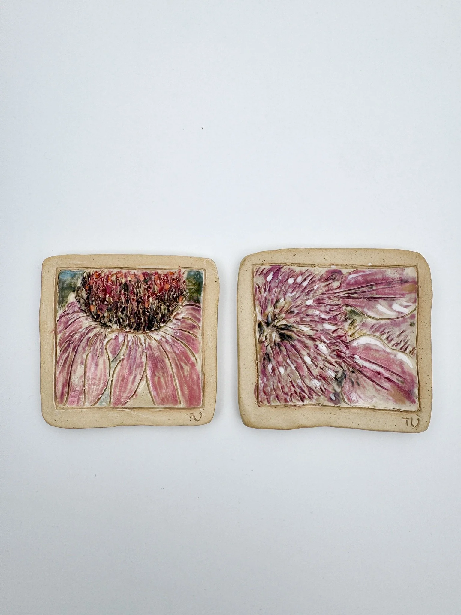 Coneflower, Purple Clematis (Painting on Stoneware)