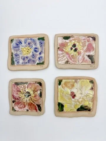 Blue Rose, Red Peony, Pink Peony, Mellow Rose (Painting on Stoneware)