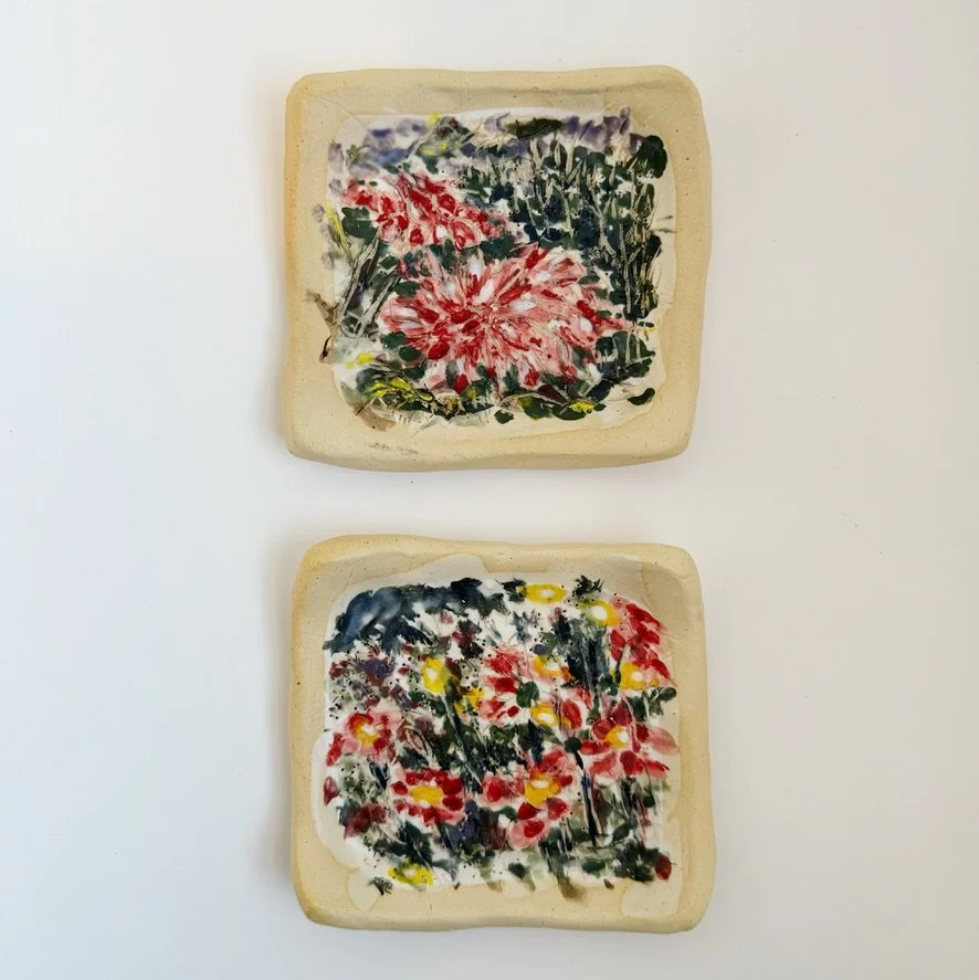 Garden of Orange Zinnias  (Painting on Stoneware)