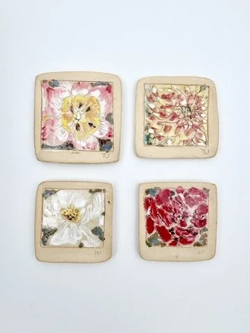 Pink Tulip, White Peony, Golden Dahlia, Red Rose (Painting on Stoneware)