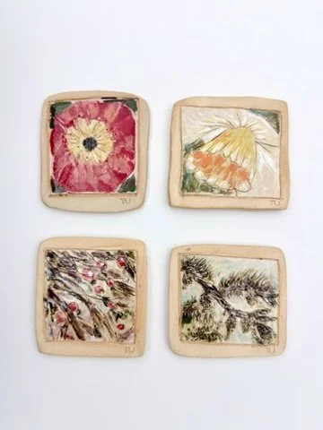 Poppy, Winter Red, Daffodil, Pine (Painting on Stoneware)