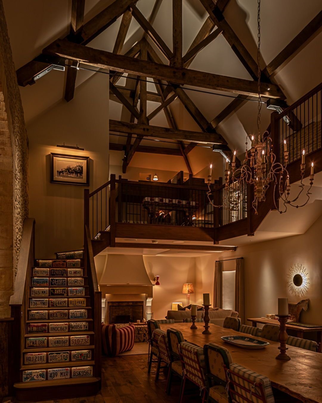 Love this view from the dining area. We used layers of warm light leading up to the century old beams that we uplit with surface mounted spots. 

Lighting design and supply by us Maxwell Barlow Lighting Ltd
Interior design by @dalrymplestudio
Archite