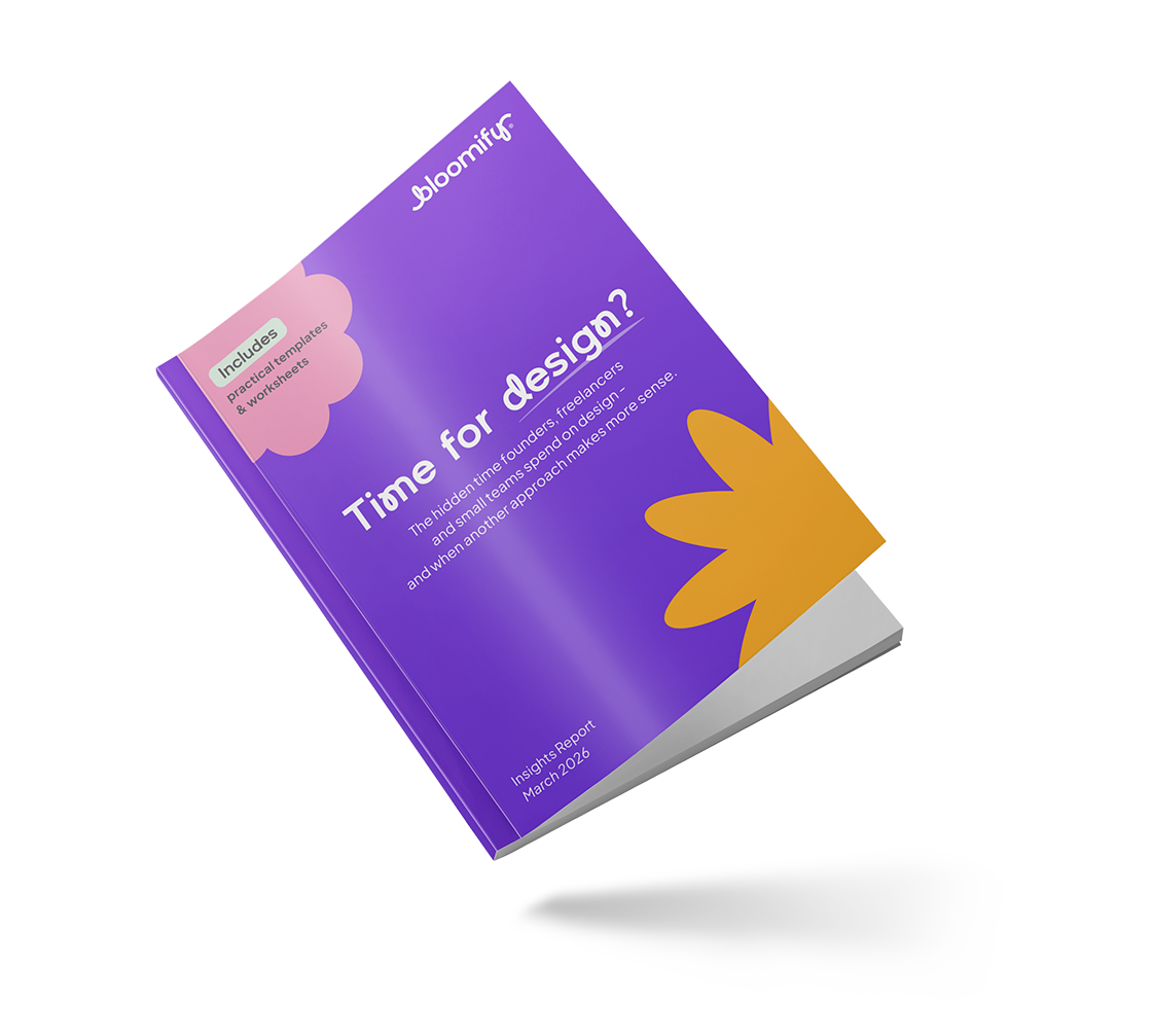 Time for design report with purple cover and pink and yellow flowers in each corner