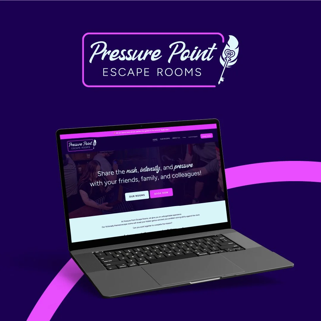 Dark blue background with bright pink logo and a laptop mockup showing pressure point escape room landing page