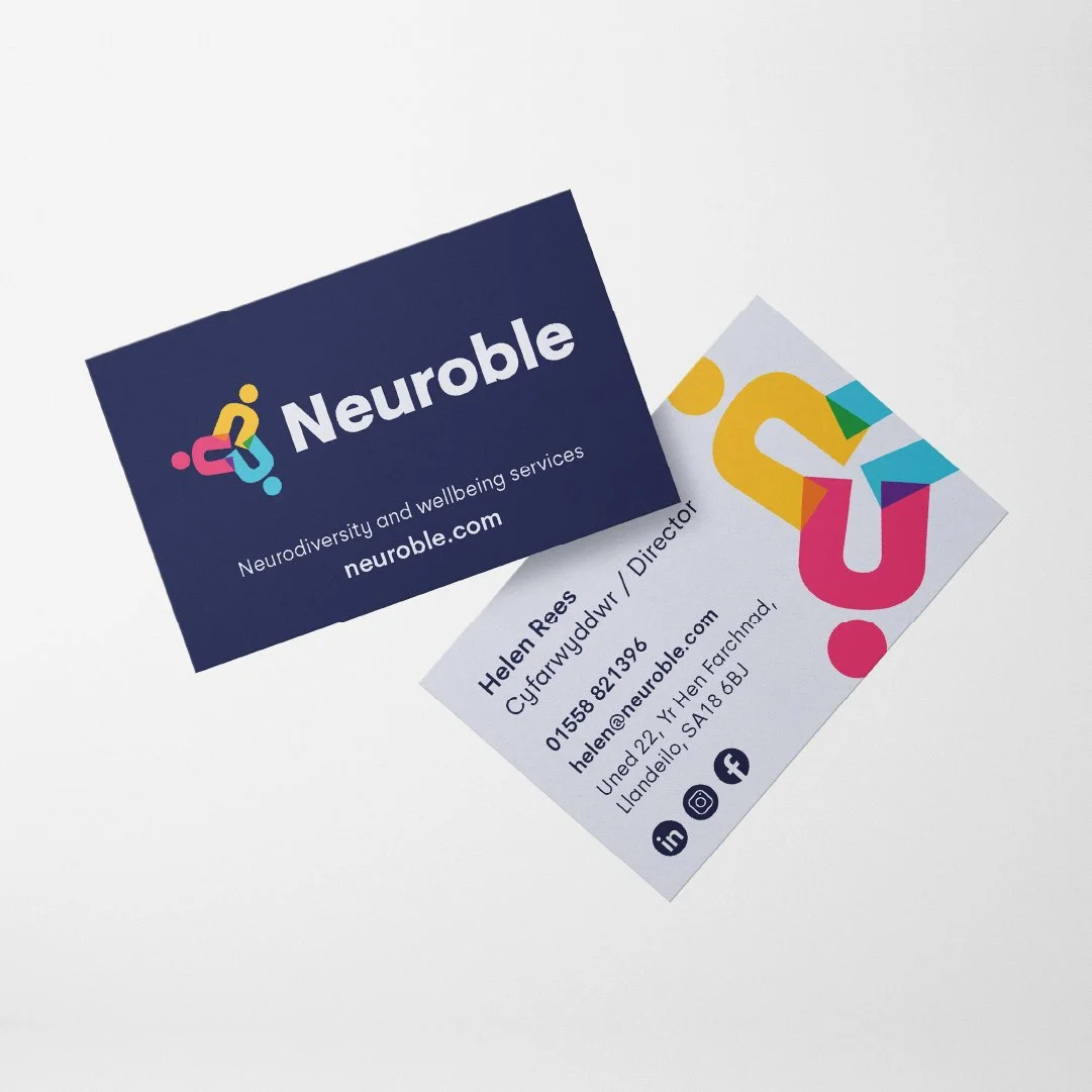 Light grey background with two floating business cards for Neuroble neurodiversity and wellbeing services