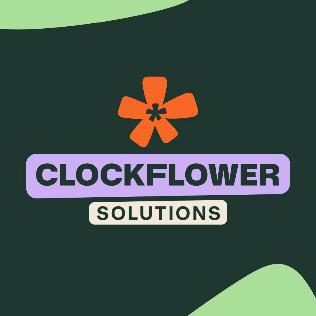 Dark green background with purple and orange logo that reads clockflower solutions