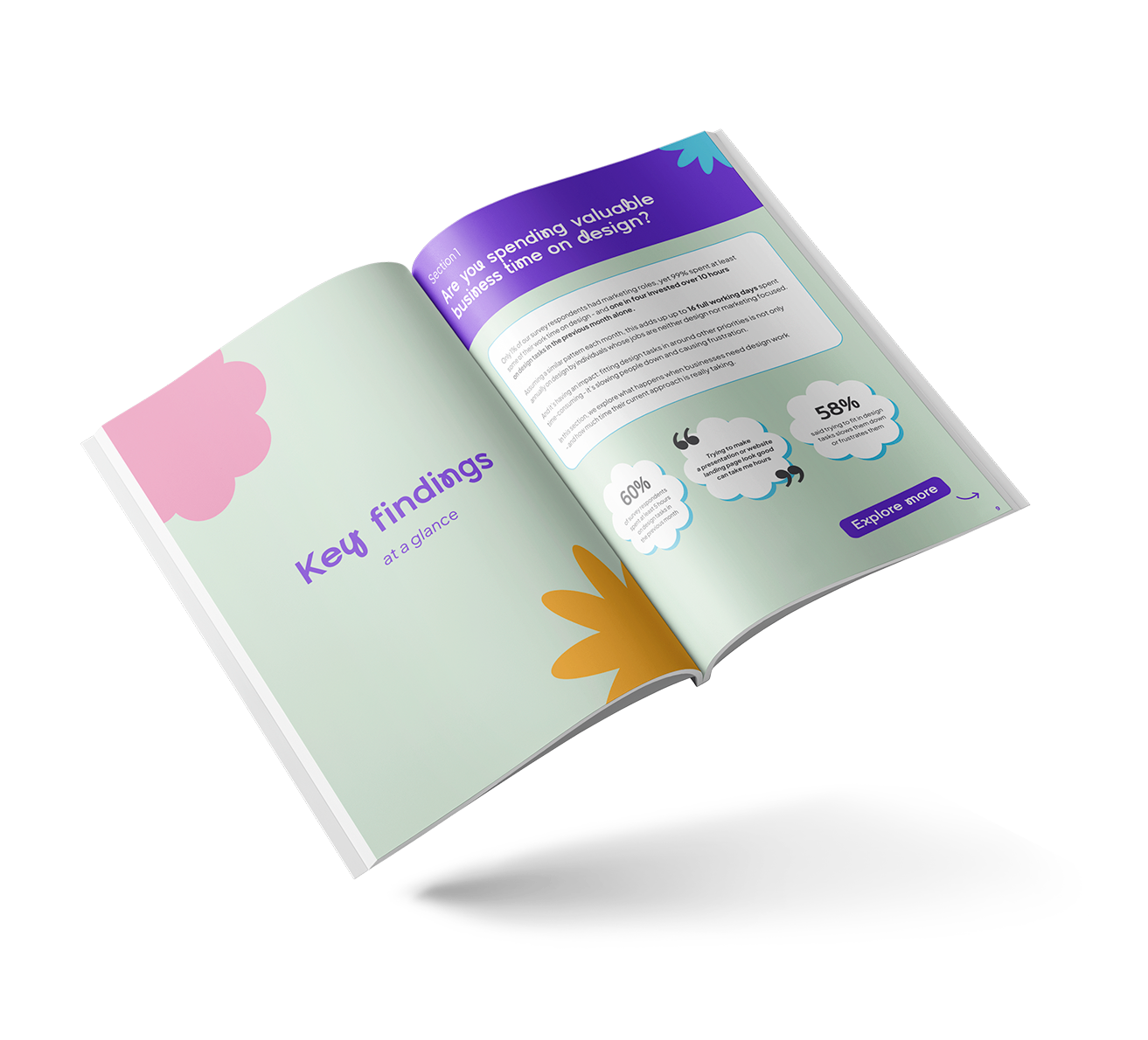 report open book key findings title on left and a summary of insights on the right