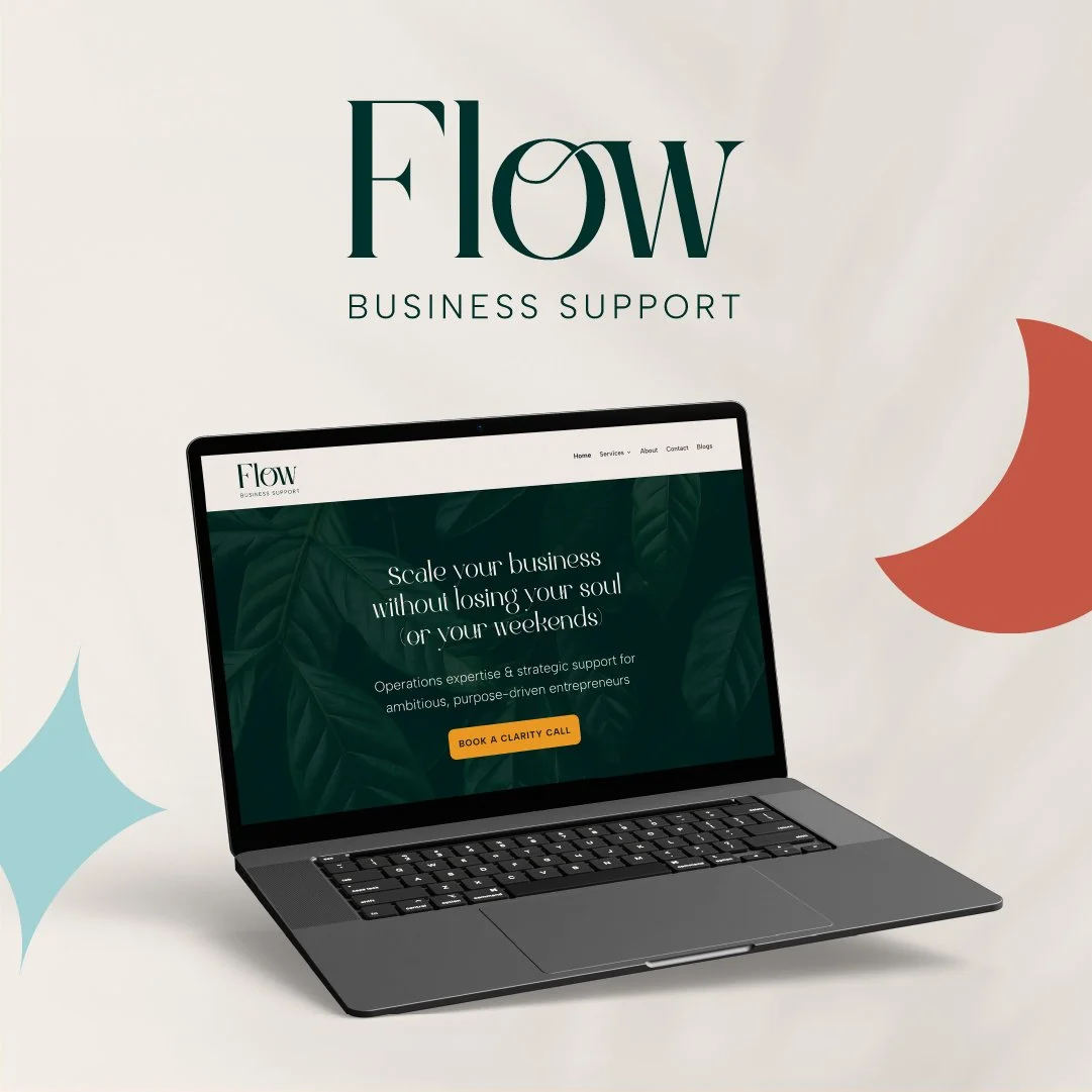 Cream background with leaf shadows and laptop mockup showing a dark green website for Flow business support with bright yellow button