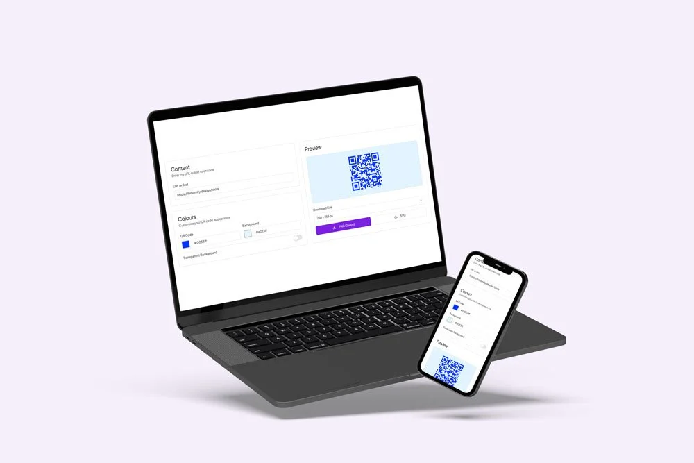 Laptop and phone mockup of a QR code generator tool