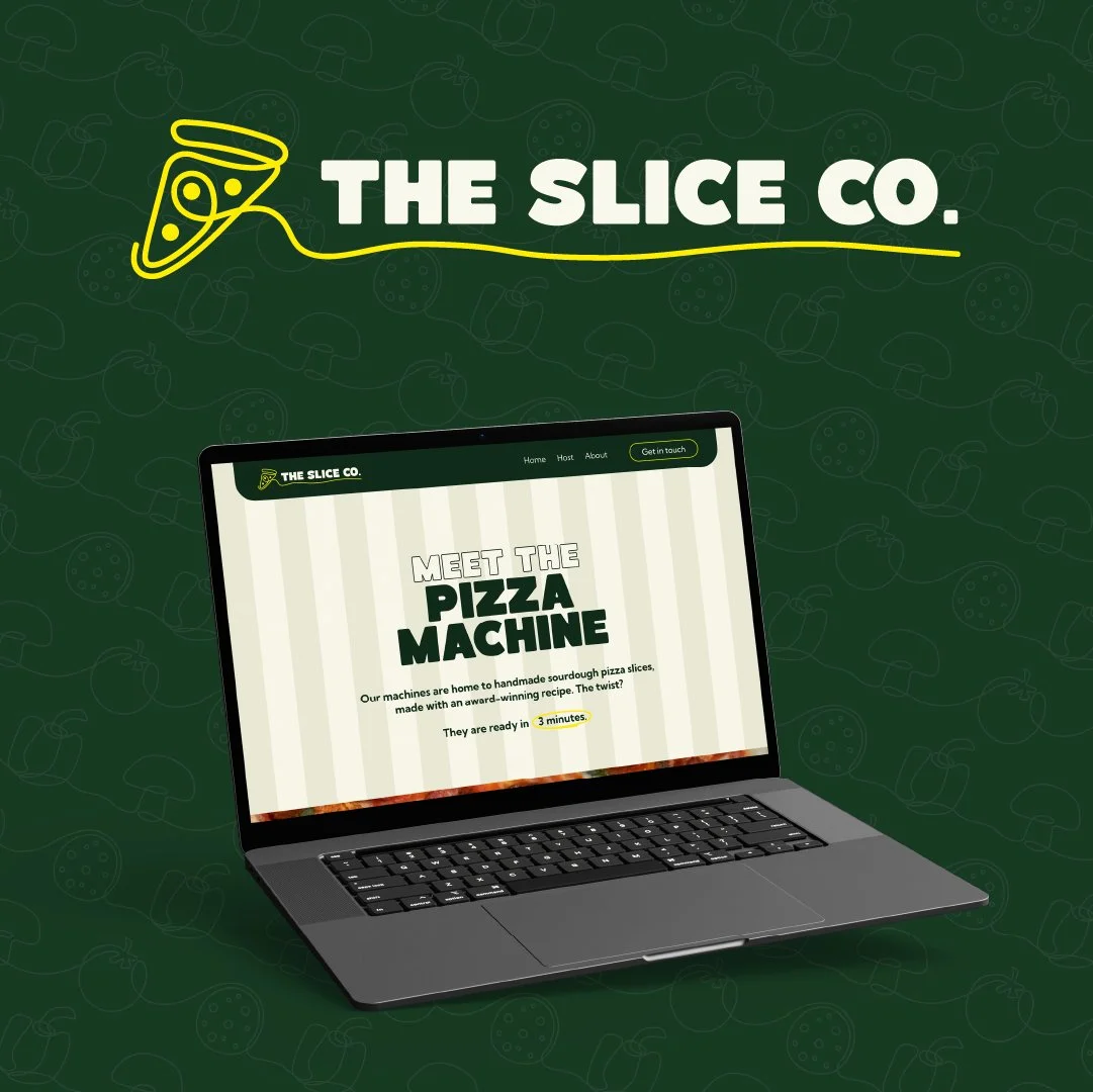Dark green background with subtle pizza ingredient illustrations with laptop mockup showing a stripy website that reads meet the pizza machine