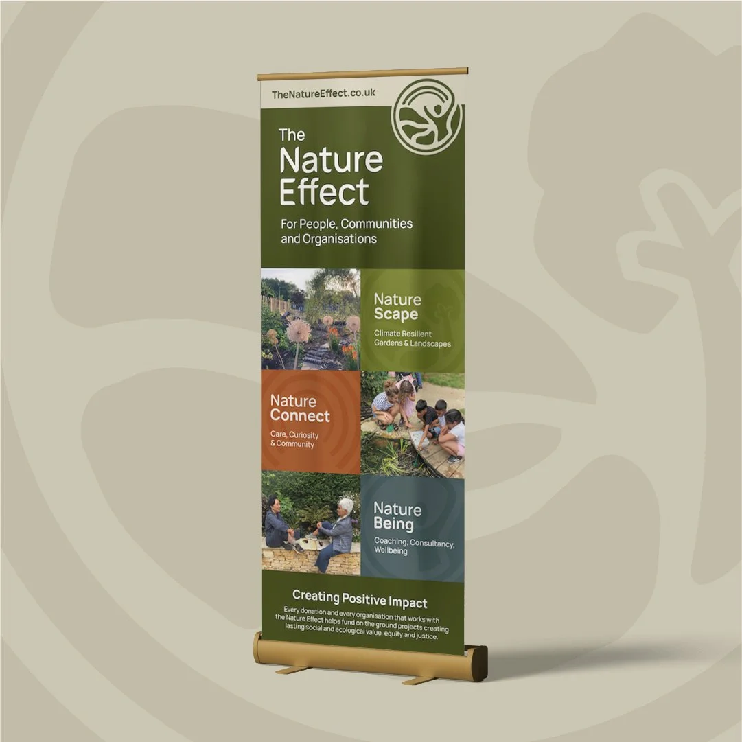 Soft grey green background with a tree pattern and a roller banner over the top that reads the nature effect nature scape nature connect nature being