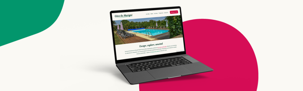 Laptop mockup of gites du marigne website showing their swimming pool hero image