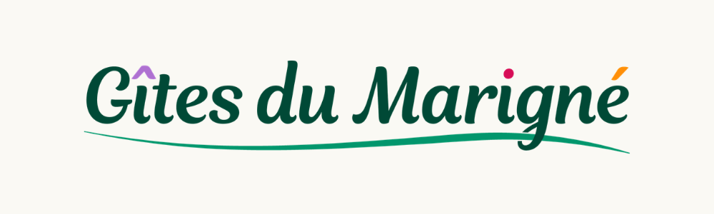 Dark green logo for gites du marigne with splashes of colour on the accents