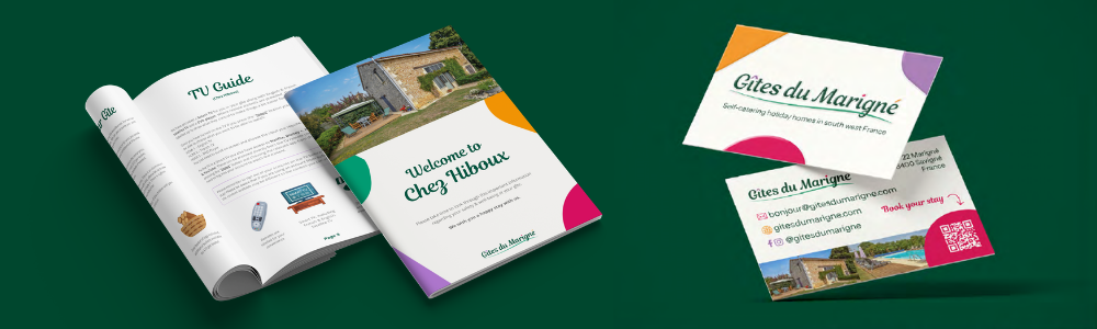 Dark green background with welcome booklet and business card mockups