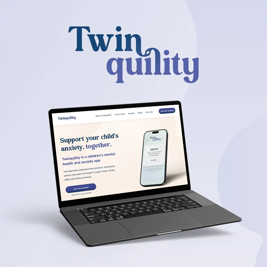 Soft purple background with dark purple twinquility logo and laptop showing twinquilitys new website with calm colours and an app screenshot