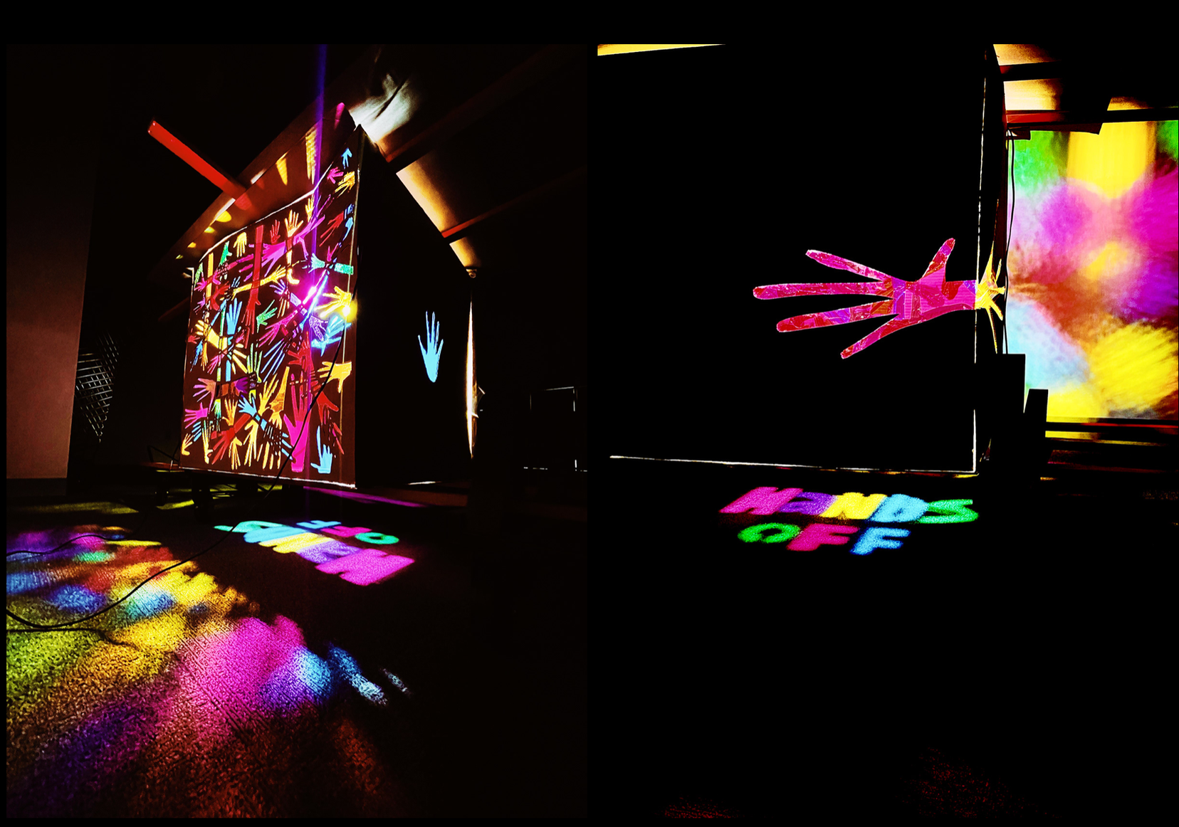 Hands off
corrugated cardboard, lights, colored film paper
2021