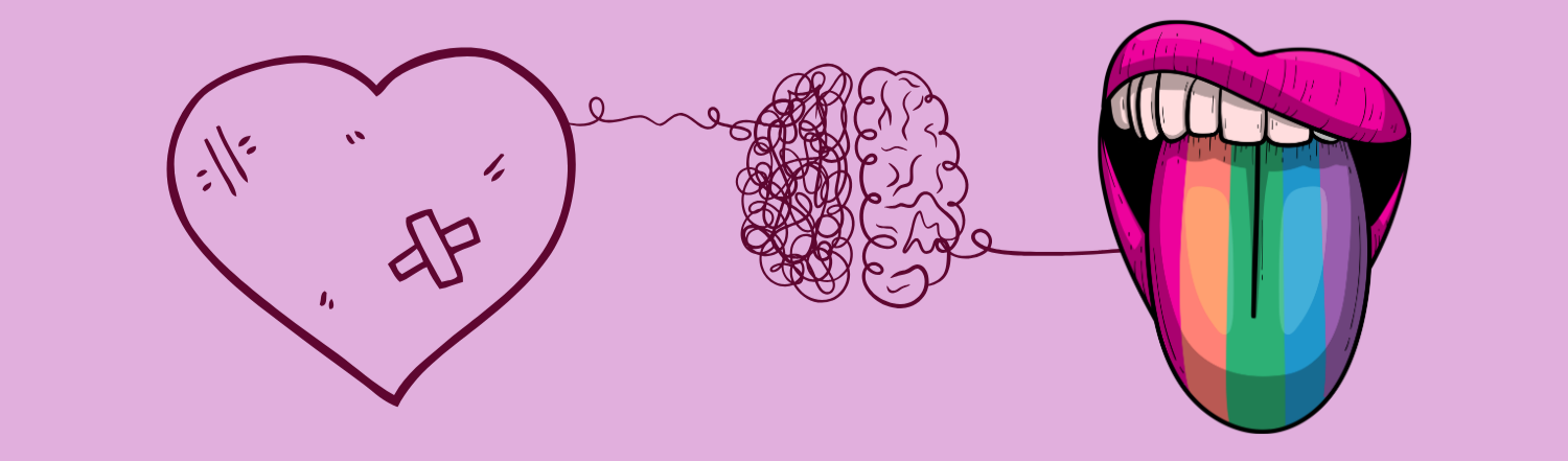 Illustrated banner with a wounded heart, rainbow tongue, and brain — Pink Punk Psychology