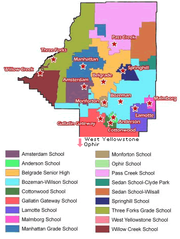 Color-coded map of high schools in a region, with labels for each school, including Amsterdam School, Anderson School, Belgrade Senior High, Bozeman-Willson School, Cottonwood School, Gallatin Gateway School, Lamotte School, Malmberg School, Manhattan Grade School, Monforton School, Ophir School, Pass Creek School, Sedar School-Clyde Park, Springhill School, Three Forks Grade School, West Yellowstone School, Willow Creek School.