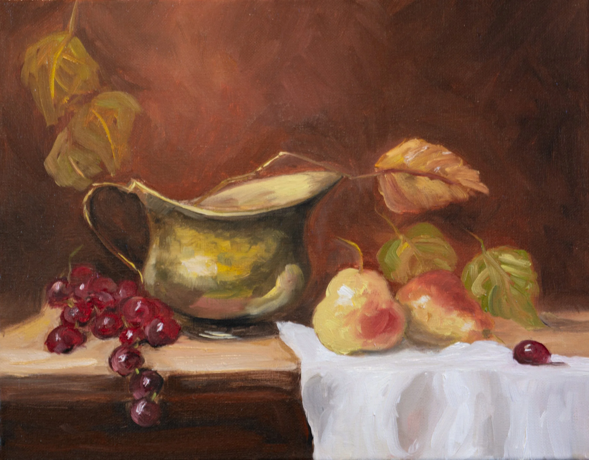STILL LIFE WITH BRASS AND PEARS | 11x14 | Oil on Stretched Canvas | $400.00