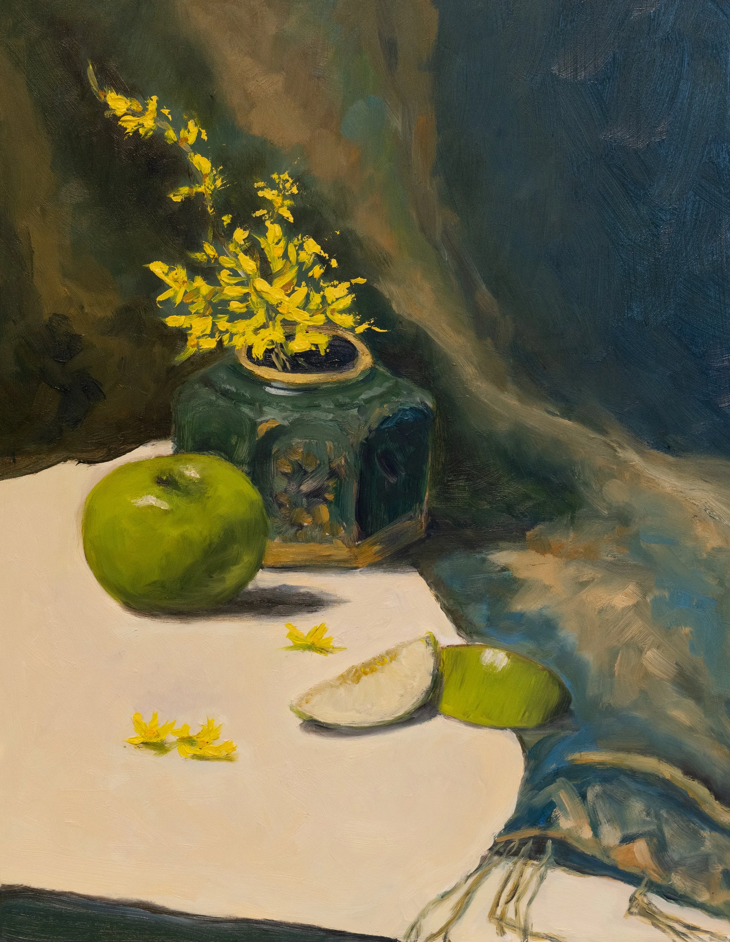 GINGER JAR WITH FORSYTHIA  | 11x14 | Oil on Gesso Board | $400