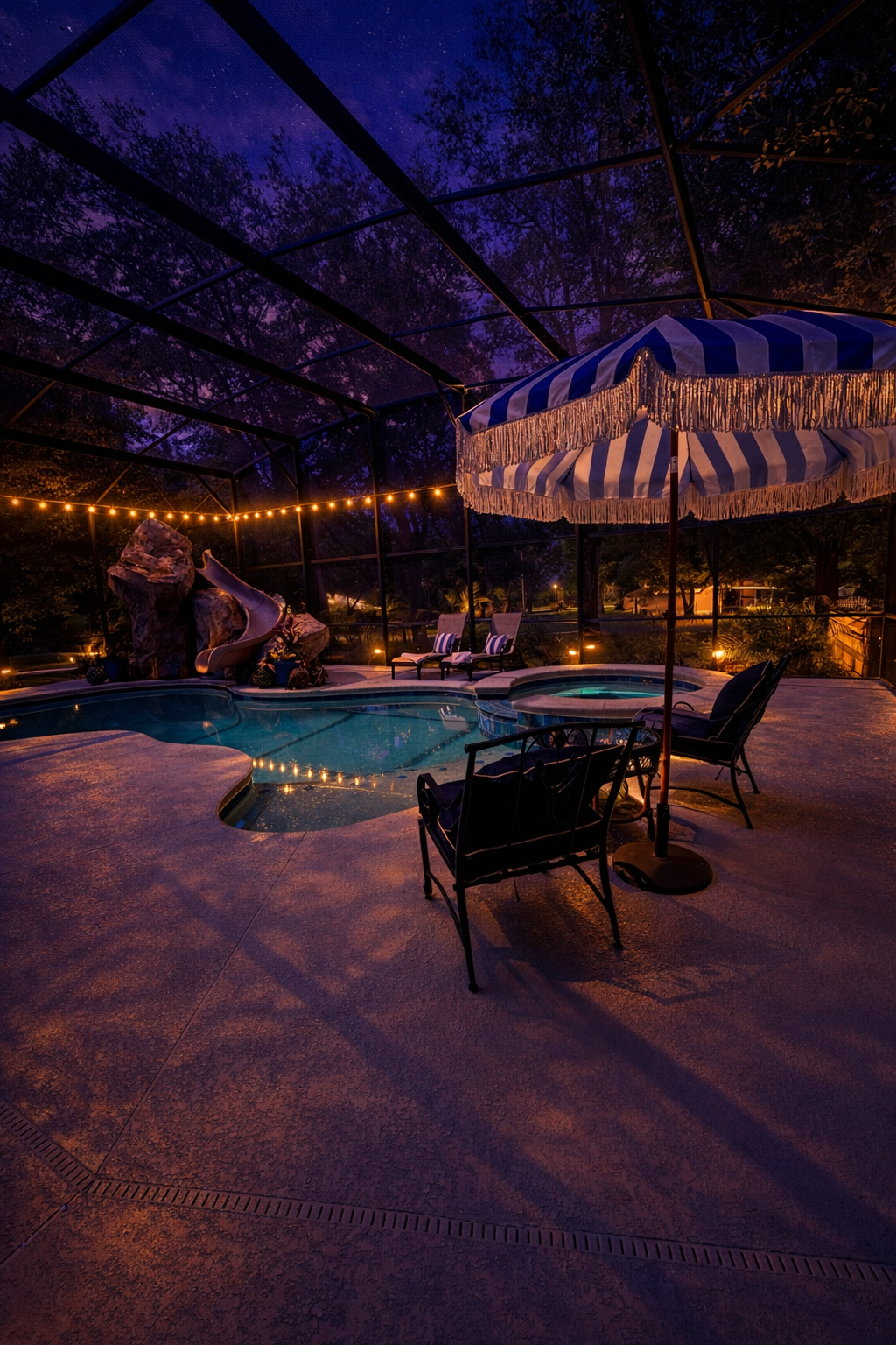 A backyard pool area at night with string lights, a striped patio umbrella, lounge chairs, and a small water slide built into a rock formation, enclosed by a screened enclosure with trees visible outside.