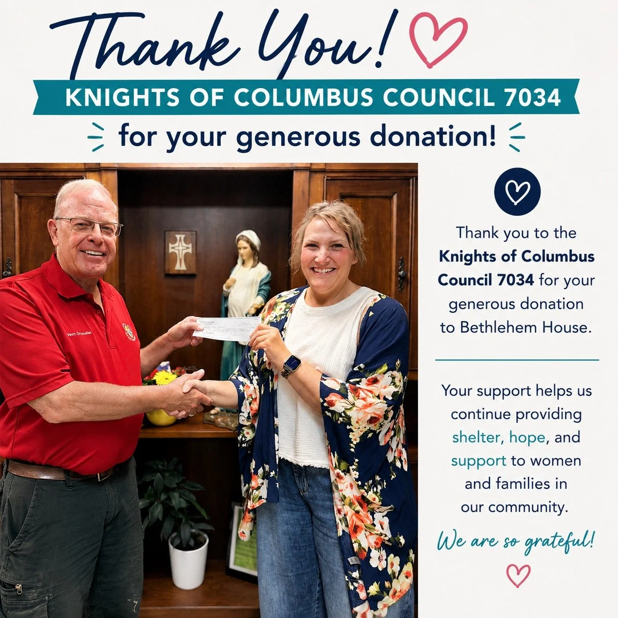 Community partnerships make our mission possible!
We are thankful for organizations like Knights of Columbus Council 7034 who choose to share kindness and donations with the women and families we serve. Your generosity creates opportunities for hope,