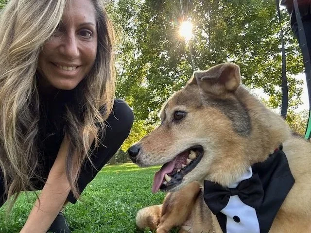 Alexandra, wedding dog attendant with Black Dog Weddings, supporting a dog on a wedding day.