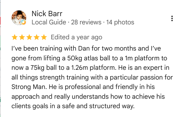 Screenshot of a Facebook review by Nick Barr praising a personal trainer named Dan for strength training achievements.