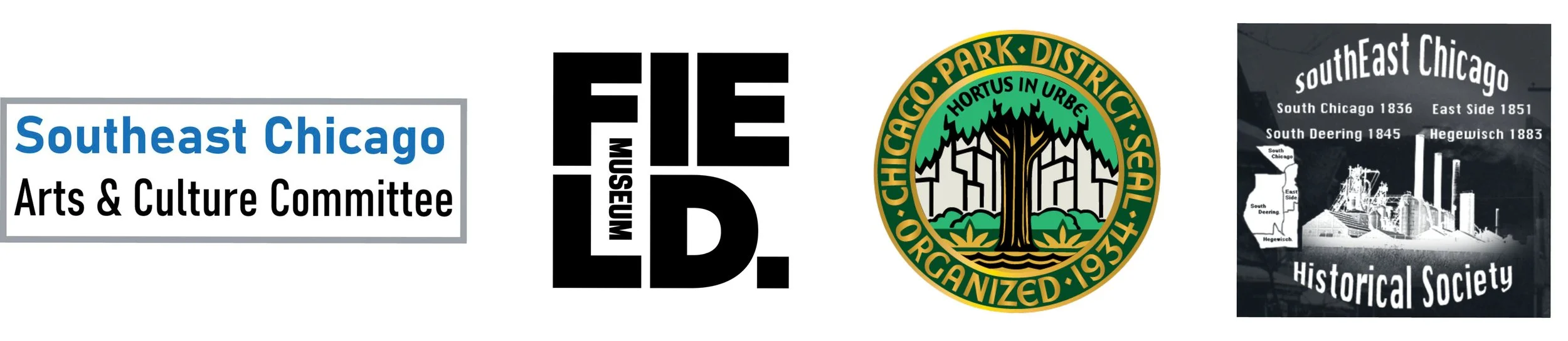 Logos for Southeast Chicago Arts & Culture Committee, Field Museum, Chicago Park District, Southeast Chicago Historical Society
