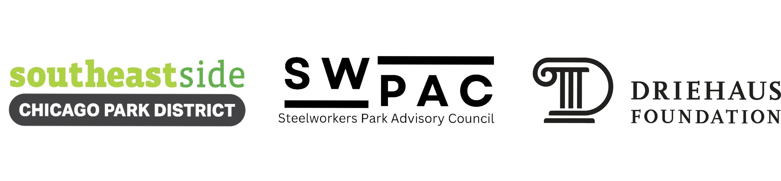 Logos for Southeastside Chicago Park District, Steelworkers Park Advisory Council, Driehous Foundation