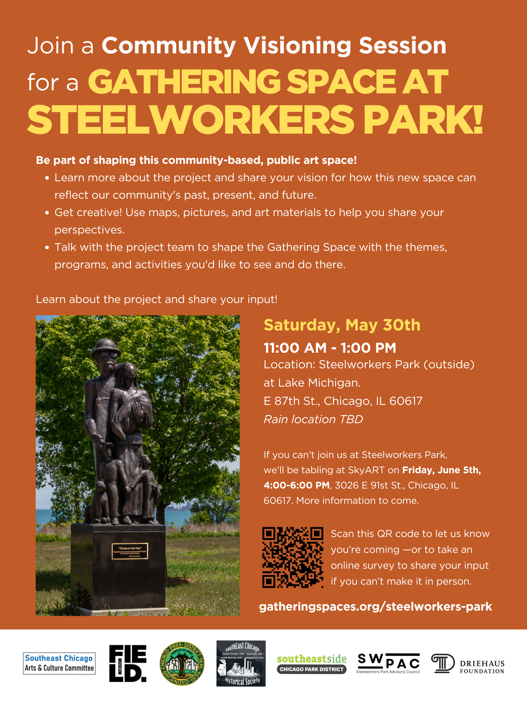 Steelworkers Park flier event for May 30 from 11 am to 1pm at Steelworkers Park