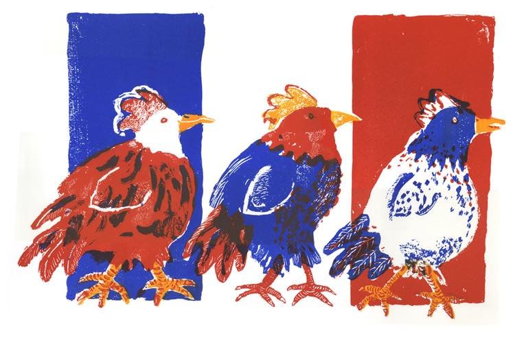 Three French Hens, etched lino & linocut